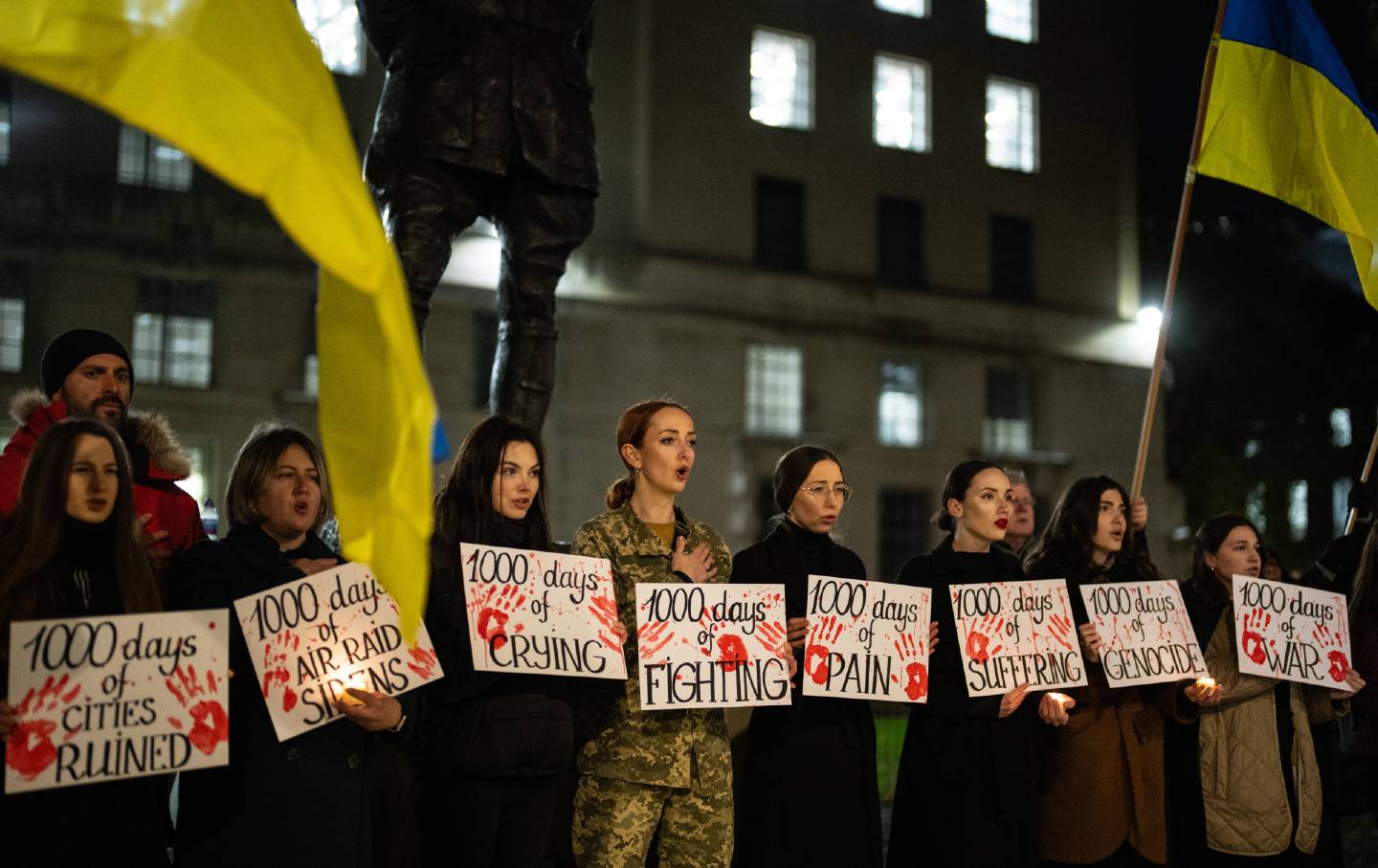 Demonstrators in London, England, take part in a rally on November 19, 2024, to mark 1,000 days since Russia’s invasion of Ukraine.