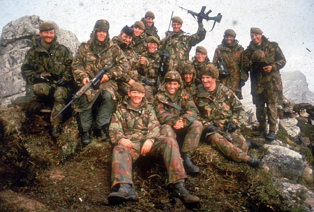 British Troops celebrate retaking the Falklands from Argentina after 74 days in 1982