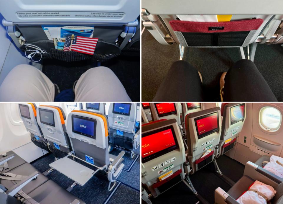 JetBlue and Iberia economy cabin collage showing legroom and extra legroom seats.