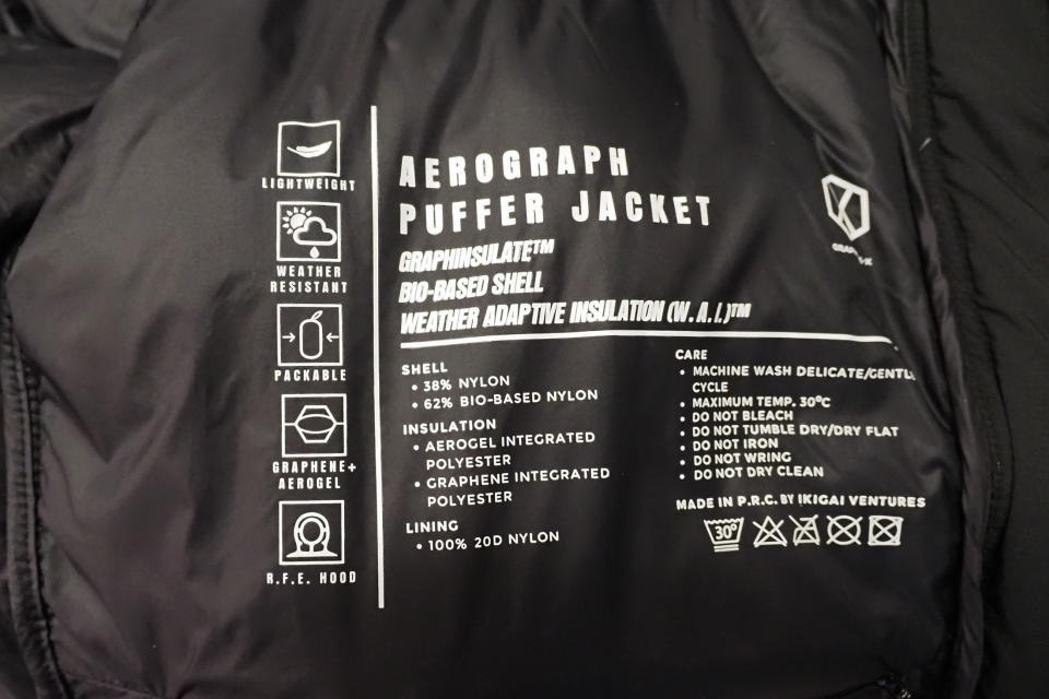 graphene x aerograph puffer materials inside coat