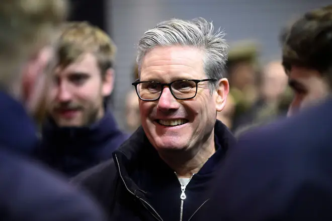 British Prime Minister Keir Starmer meets military personnel onboard HMS Iron Duke in Tallinn, Estonia, Tuesday Dec. 17, 2024 (Leon Neal/Pool Photo via AP)