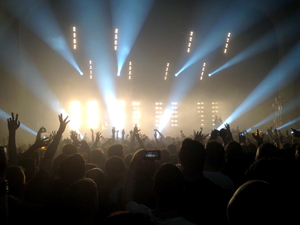 Silhouettes of fans in a crowd at a concert with their hands in the air.