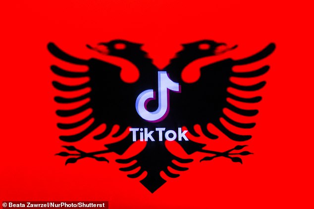 The major crackdown, the first of its kind in Europe, was prompted by the death of a 14-year-old boy who was stabbed by another pupil in November. Pictured: A TikTok logo on the Albanian flag