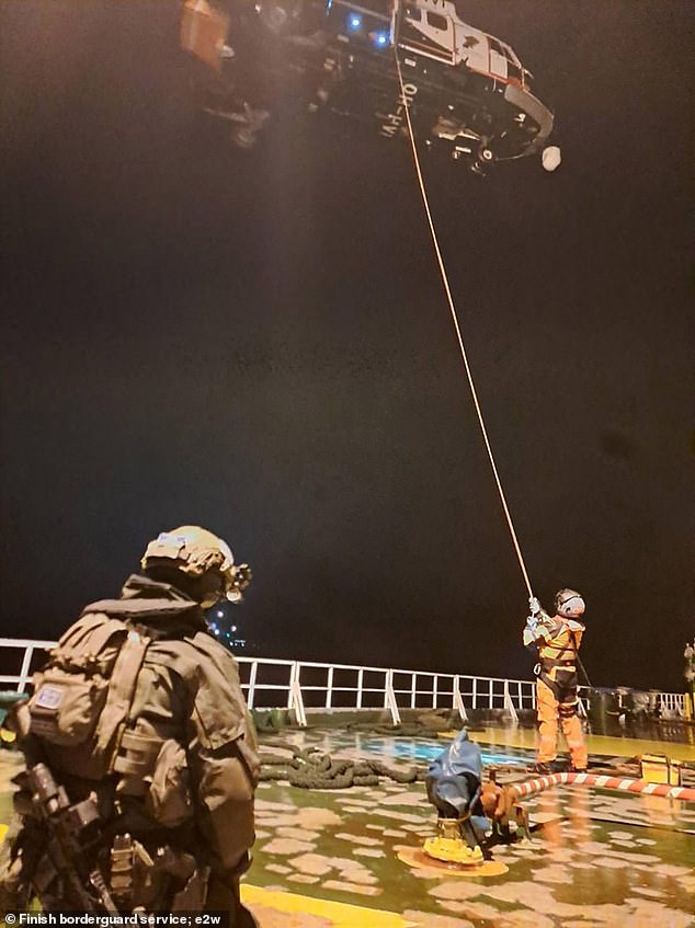 The moment Finnish police seize the Russian-linked tanker Eagle S suspected of cutting the EstLink 2 power cable between NATO states Finland and Estonia in the Baltic Sea