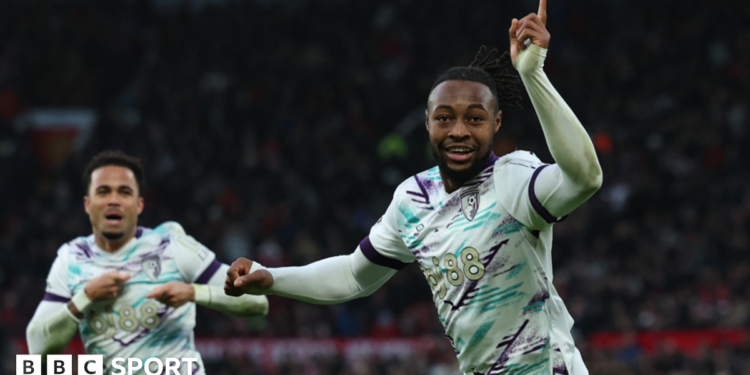 Bournemouth's players celebrate scoring against Manchester United.