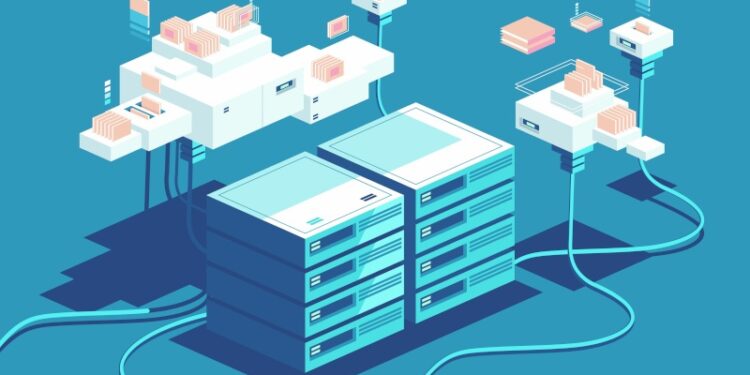 A vector diagram with a blue background of computer server racks and wires.