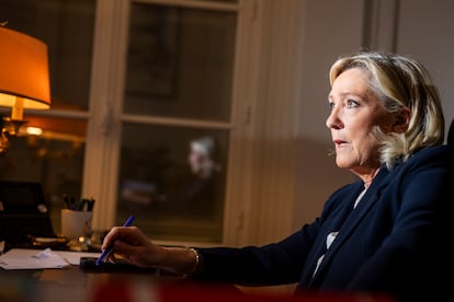 Marine Le Pen, this Tuesday during an interview with EL PAÍS, in her office at the National Assembly (Paris).