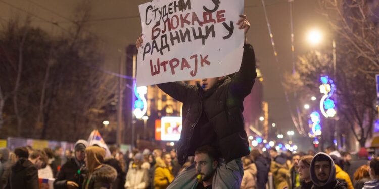 Protesters hold a noisy demonstration against Serbia’s populist leadership