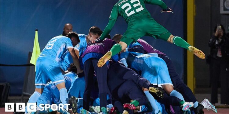 San Marino players react after after Alvin Michel of Seychelles makes a save