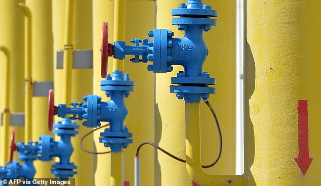 This photograph taken on April 22, 2015 shows a part of a gas installation at a gas-pumping station on the gas pipeline in the small town Boyarka in the Kiev region