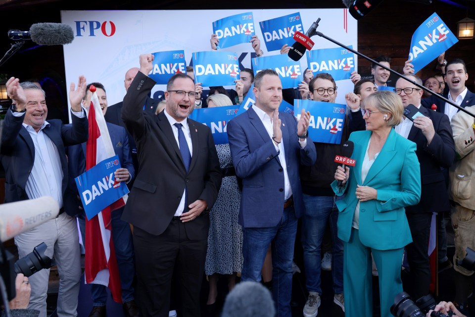 The Secretary General of the far-right FPO Christian Hafenecker and supporters react to initial results in Austrian parliamentary elections on 29 September 2024
