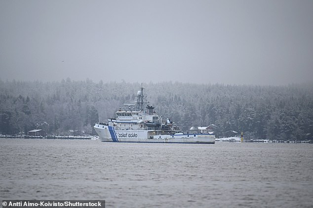 Finnish Coast Guard vessel Uisko patrols near to oil tanker Eagle S (not in picture) anchored near the Kilpilahti port in Porvoo, on the Gulf of Finland on January 9, 2025