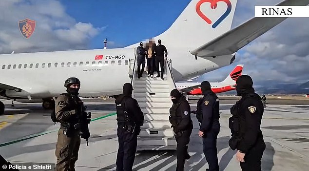 He was arrested in November 2023 by armed police in Turkey and has now been extradited to his native Albania where he is expected to face justice for his crimes. Pictured: Rexhepi arriving in Albania