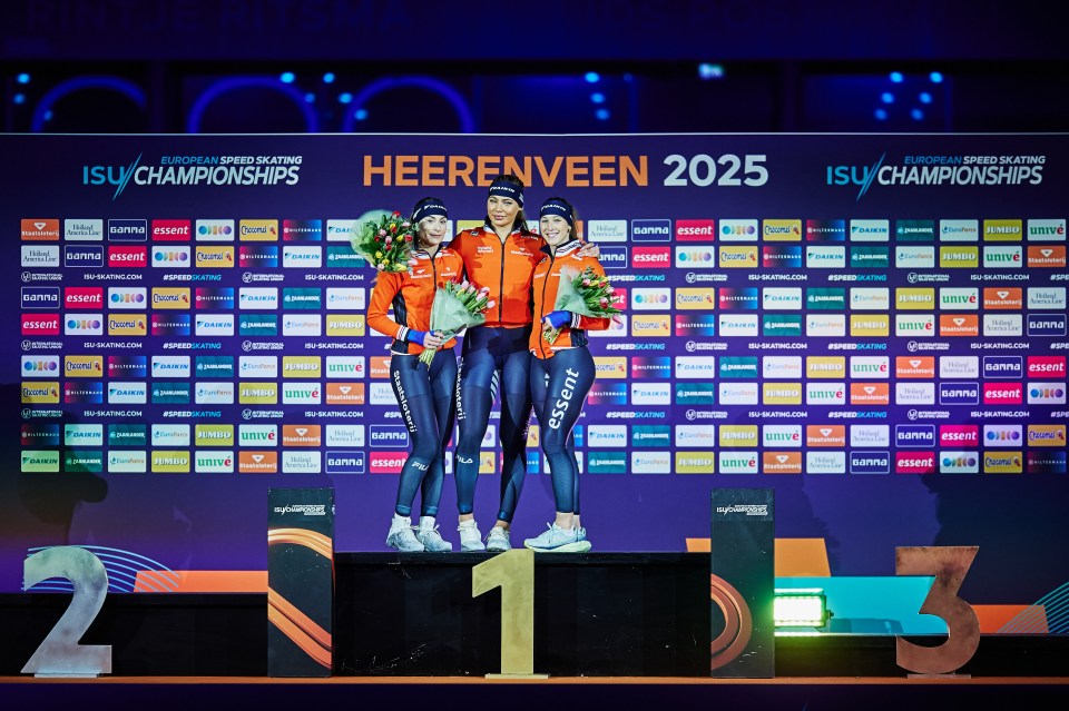 HEERENVEEN, NETHERLANDS - JANUARY 11: Femke Kok, Jutta Leerdam and Suzanne Schulting of the Netherlands pose in the Women's Sprint 2nd 1000m medal ceremony during ISU European Speed Skating Championships at Thialf on January 11, 2025 in Heerenveen, Netherlands. (Photo by Joosep Martinson - International Skating Union/International Skating Union via Getty Images)