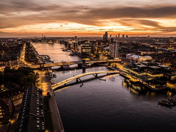 Aerial view of Copenhagen cityscape at sunset