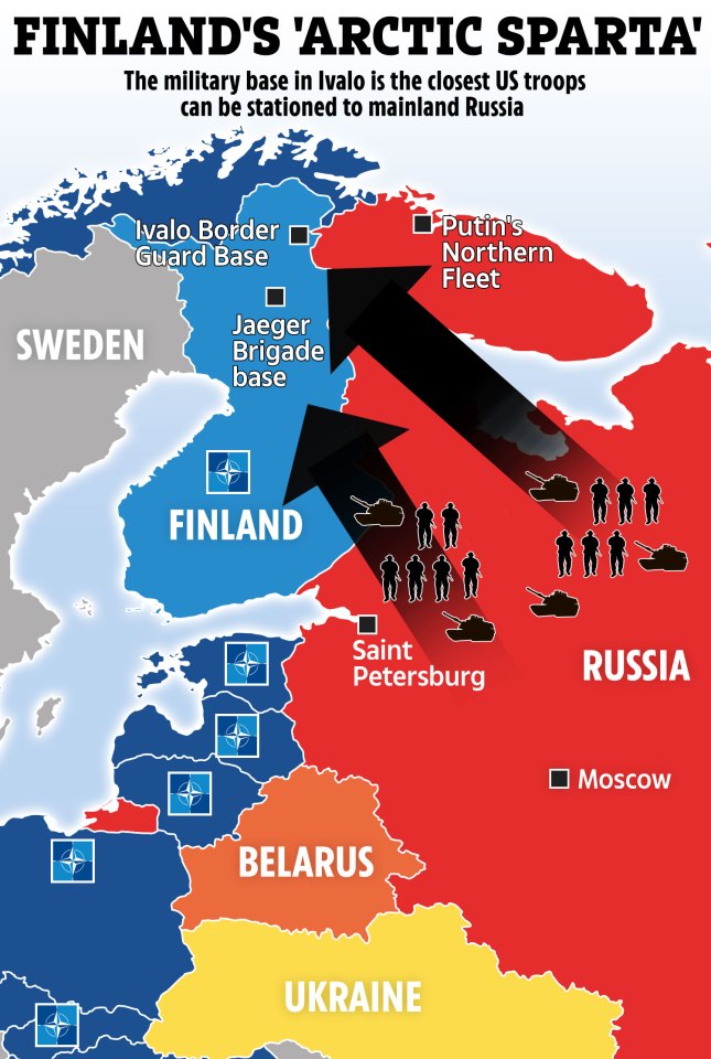 Map showing the proximity of Finland's Ivalo military base to Russia.