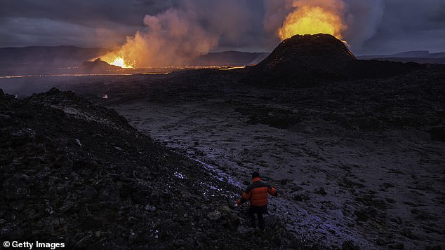 The most recent eruptions in 2024 (pictured) led to the evacuation of the fishing town of Grindavik and the Blue Lagoon resort