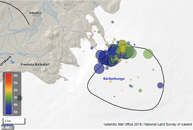 This map from the Icelandic Meteorological Office's earthquake monitoring system shows the locations of the earthquakes, with the black circle indicating the Bárðarbunga caldera outline. Bárðarbunga is located under Iceland's most extensive glacier (Vatnajökull) in the centre of the country. It is 2,300 feet deep with a total area of 25 square miles