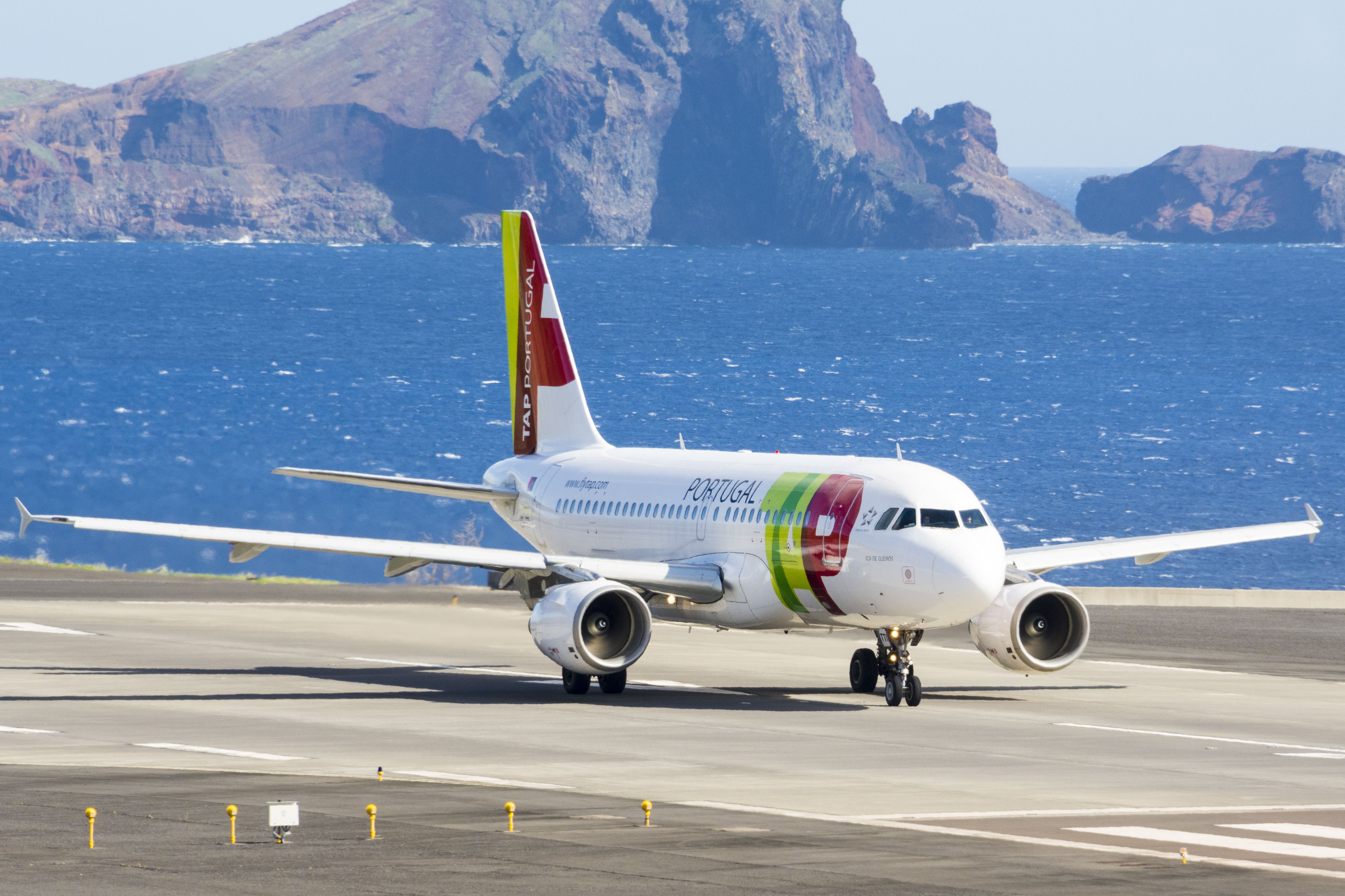  Passenger plane from Portuguese airline TAP Air Portugal prepares for take off from Funchal Airport in Madeira, Portugal