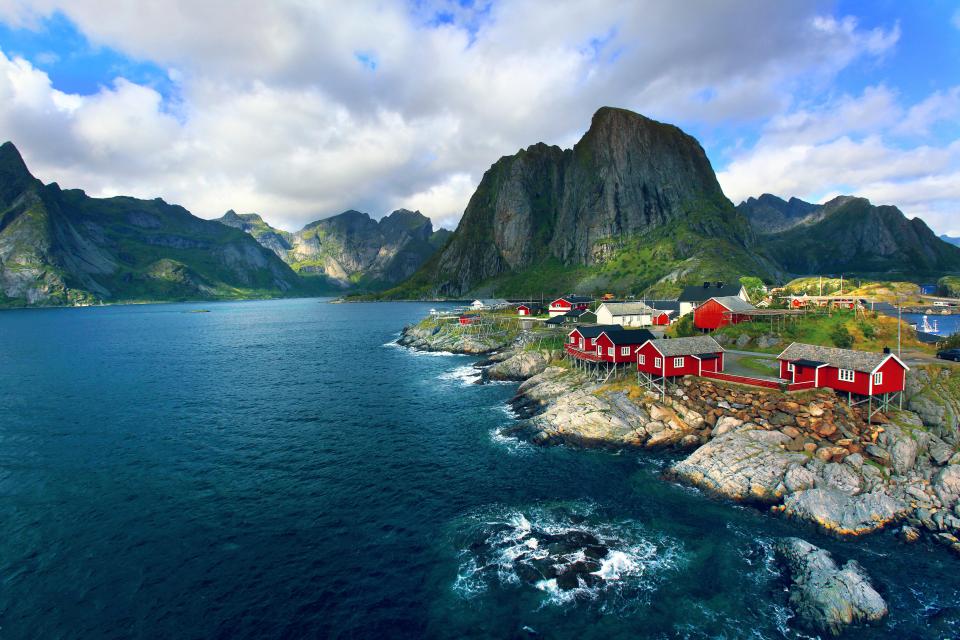 Red houses on the Lofoten Islands in Norway.