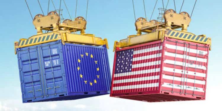 EU European Union and USA dtrade war. Cargo shipping contaners with flags of EU and United states.