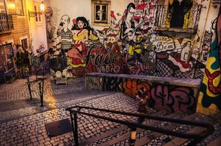 The famous fado vadio street art murales in mouraria district, Lisbon.