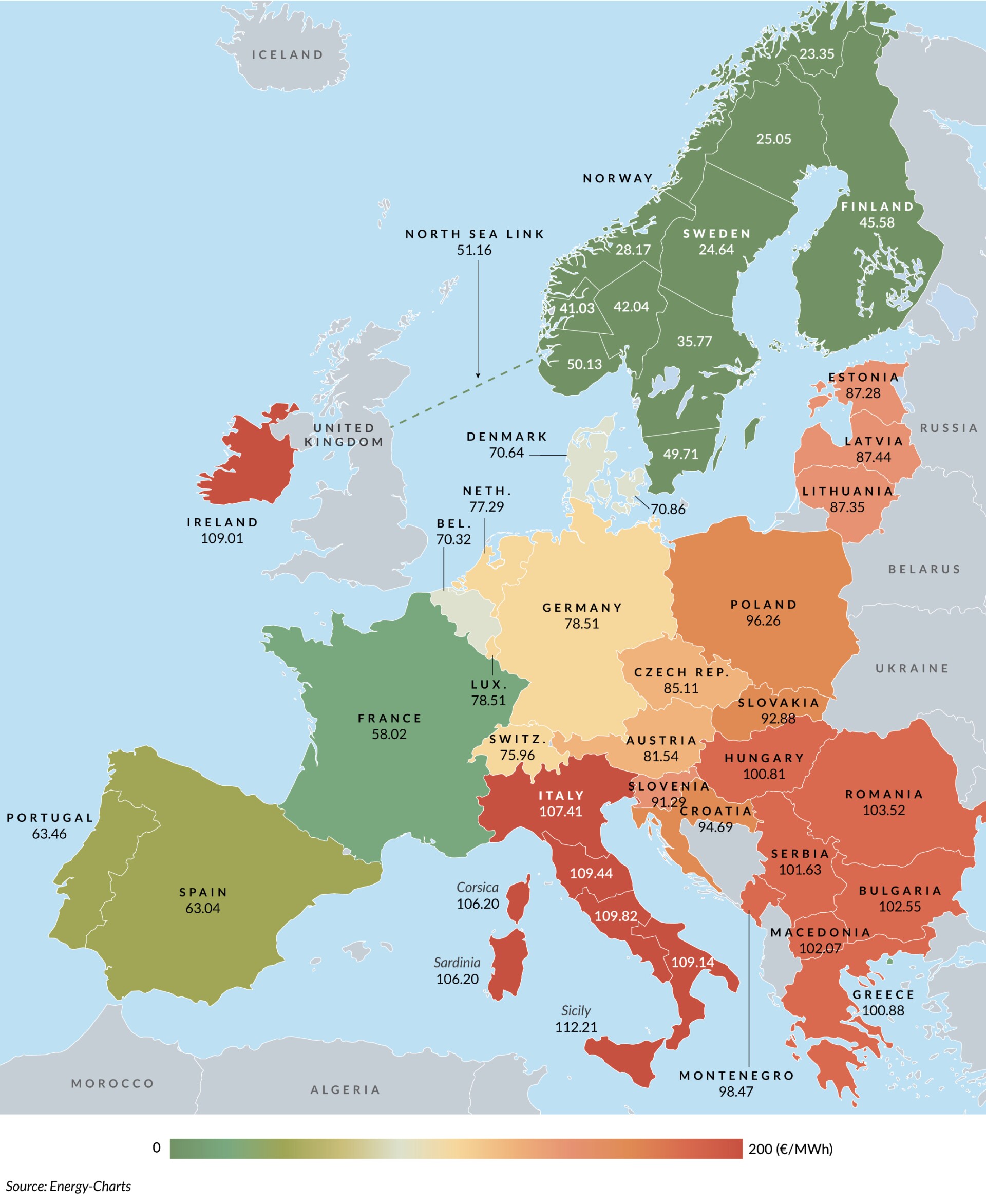 Average EU Day-Ahead Electricity Prices 2024 (€/MWh) MAP