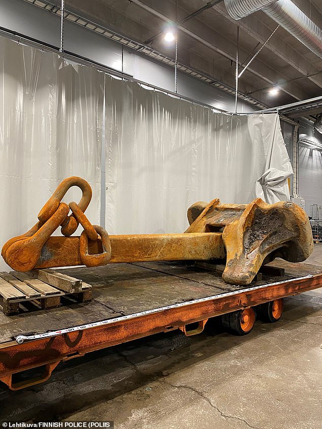 The anchor (pictured), presumed to belong to the Eagle S oil tanker, is being held by Finnish investigators after it was recovered from the Baltic Sea