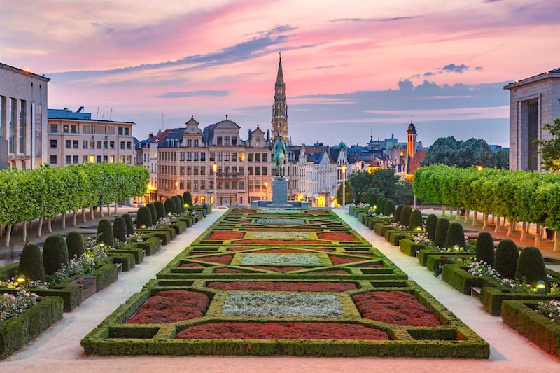 Brussels City Hall and Mont des Arts area at sunset in Brussels, Belgium.