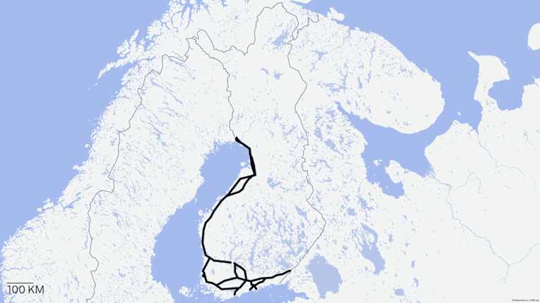 A map showing Sweden and Finland with black lines along the Finnish coast.