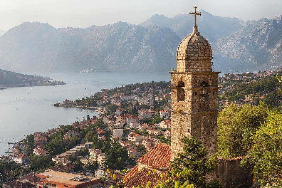 Church bell tower overlooking Kotor, Montenegro.