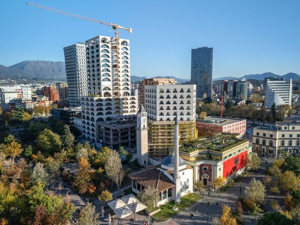 Aerial view of Tirana's modern architecture and Skanderbeg Square