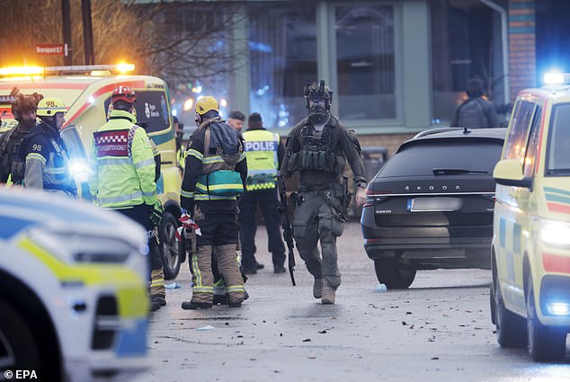 Emergency personnel gather after a shooting at Risbergska School in Orebro, Sweden, 04 February 2025