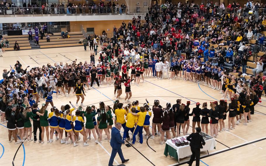 Cheerleaders gather at the end of the event.