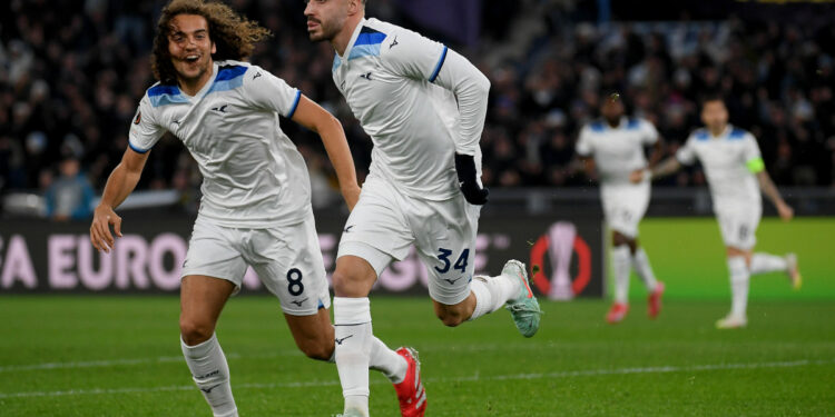 ROME, ITALY - JANUARY 23: Mario Gila of SS Lazio celebrates a opening goal during the UEFA Europa League 2024/25 League Phase MD7 match between S.S. Lazio and Real Sociedad de Futbol at Stadio Olimpico on January 23, 2025 in Rome, Italy. (Photo by Marco Rosi - SS Lazio/Getty Images)