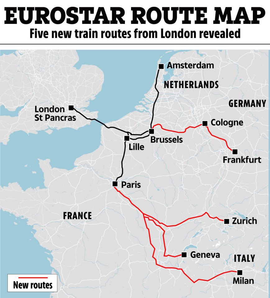 Map of new Eurostar routes from London.