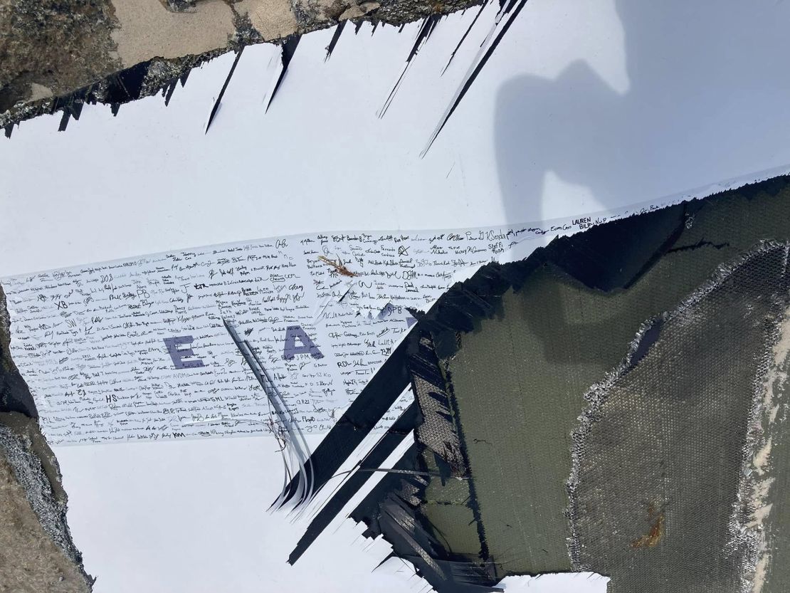 Signatures from Blue Origin employees are visible on part of the New Glenn nose cone, which was jettisoned shortly after the rocket took flight on its maiden voyage in January.