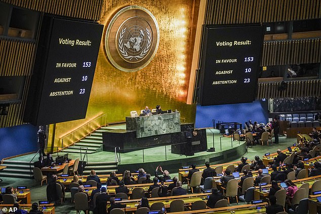 The US proposed a draft United Nations resolution calling for 'swift end' to the war on the third anniversary of Russia's invasion of Ukraine . A move that pits Washington against an effort by Kyiv and European allies to have their own text adopted by the General Assembly (pictured)