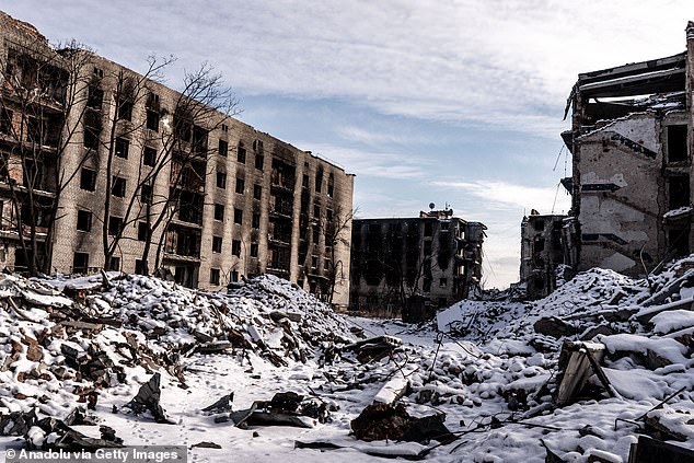 A destroyed residential complex in Siversk, Donetsk