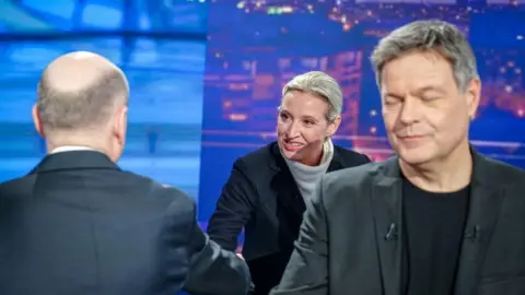 Getty Images Alice Weidel leans over to shake the hand of Olaf Scholz whose back is to the camera, while the Green candidate Robert Habeck walks away