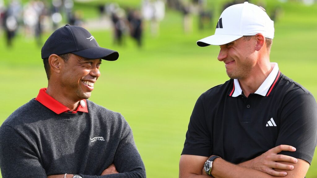 LA JOLLA, CA - FEBRUARY 16: Tiger Woods jokes with winner Ludvig Aberg during the trophy ceremony following the final round of The Genesis Invitational 2025 at Torrey Pines Golf Course on February 16, 2025 in La Jolla, California. (Photo by Brian Rothmuller/Icon Sportswire) (Icon Sportswire via AP Images)