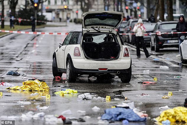 During a terrible attack on February 13, an Afghan asylum seekers ploughed through a crowd at a trade union rally in Munich - killing a woman and her two-year-old daughter. The Mini pictured