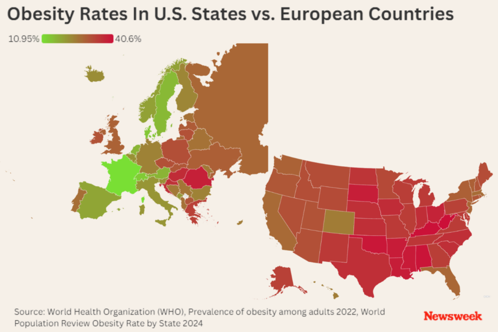 Map Reveals How Obesity Rates in the U.S Compares to Europe