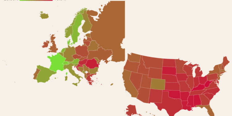 Map Reveals How Obesity Rates in the U.S Compares to Europe