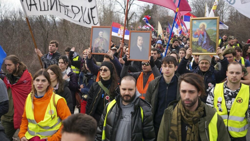 Marching university students in Serbia receive warm welcome on their way to big rally this weekend