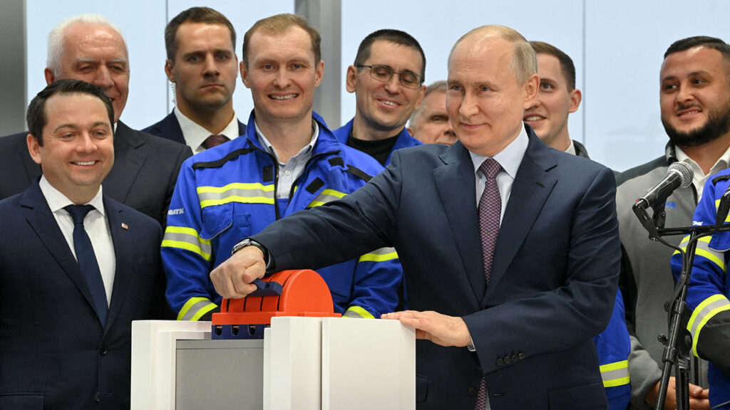 Vladimir Putin launches the first natural gas liquefaction line for the Arctic LNG-2 project at Novatek-Murmansk's Offshore Superfacility Construction Centre in Belokamenka, Murmansk region, Russia, July 20th 2023