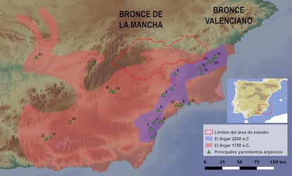 The map illustrates the maximum expansion of El Argar from its area of origin, as well as the region where the study of the ceramics has been conducted.